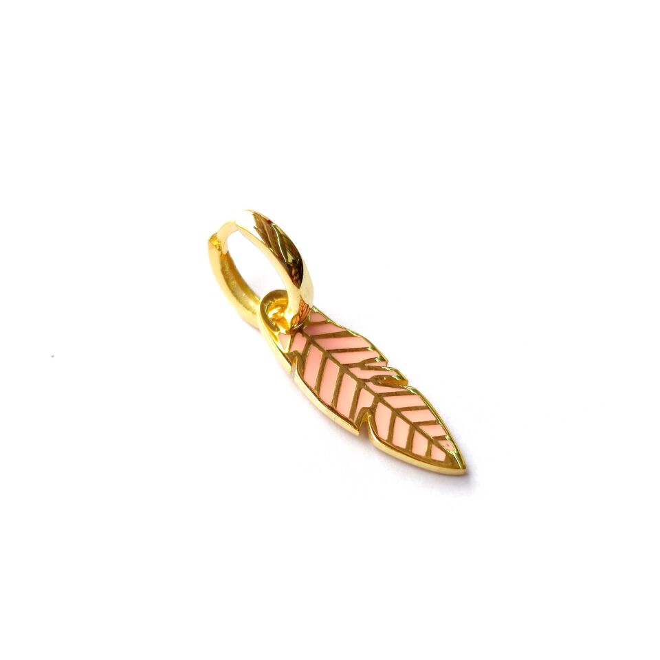 PEMBE MİNELİ TÜY TEK HALKA GÜMÜŞ KÜPE ALTIN SARI - STD