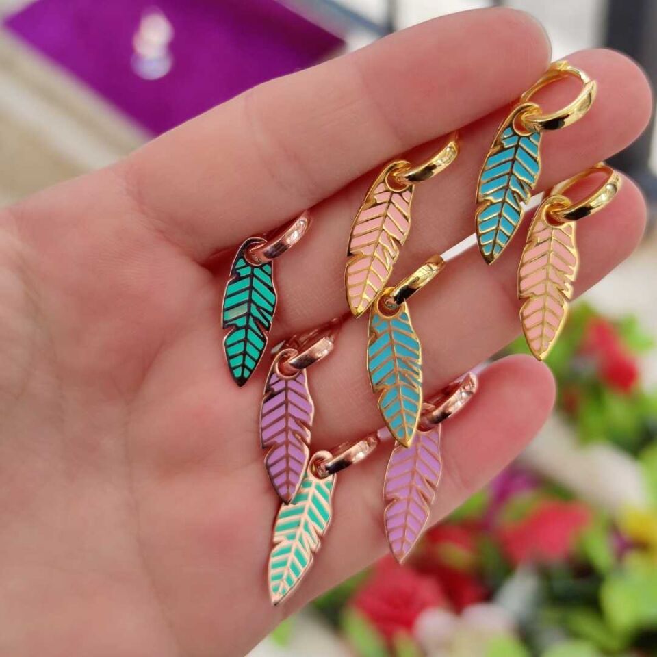 PEMBE MİNELİ TÜY TEK HALKA GÜMÜŞ KÜPE ALTIN SARI - STD