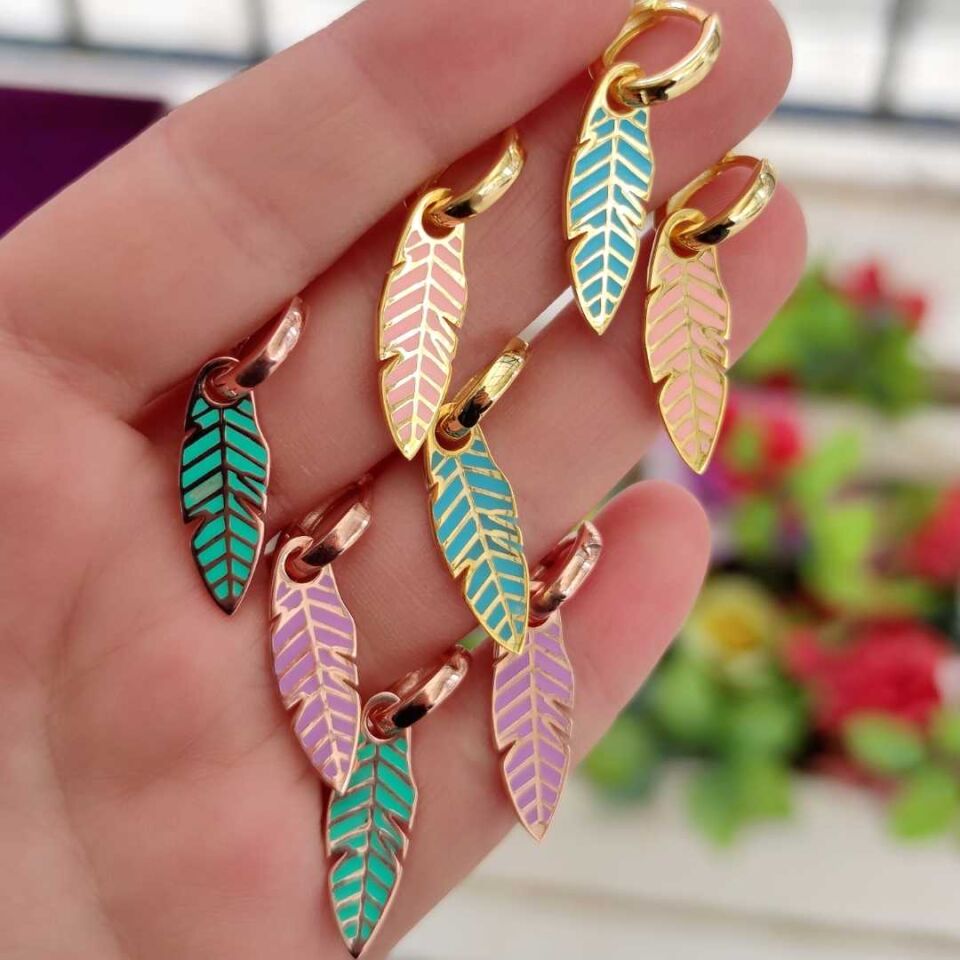 PEMBE MİNELİ TÜY TEK HALKA GÜMÜŞ KÜPE ALTIN SARI - STD