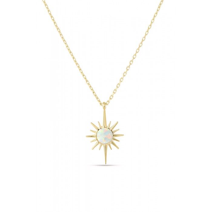 BEYAZ OPAL KUTUP YILDIZ GÜMÜŞ KOLYE ALTIN SARI - STD