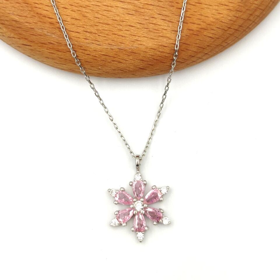 PEMBE TAŞLI LOTUS GÜMÜŞ KOLYE