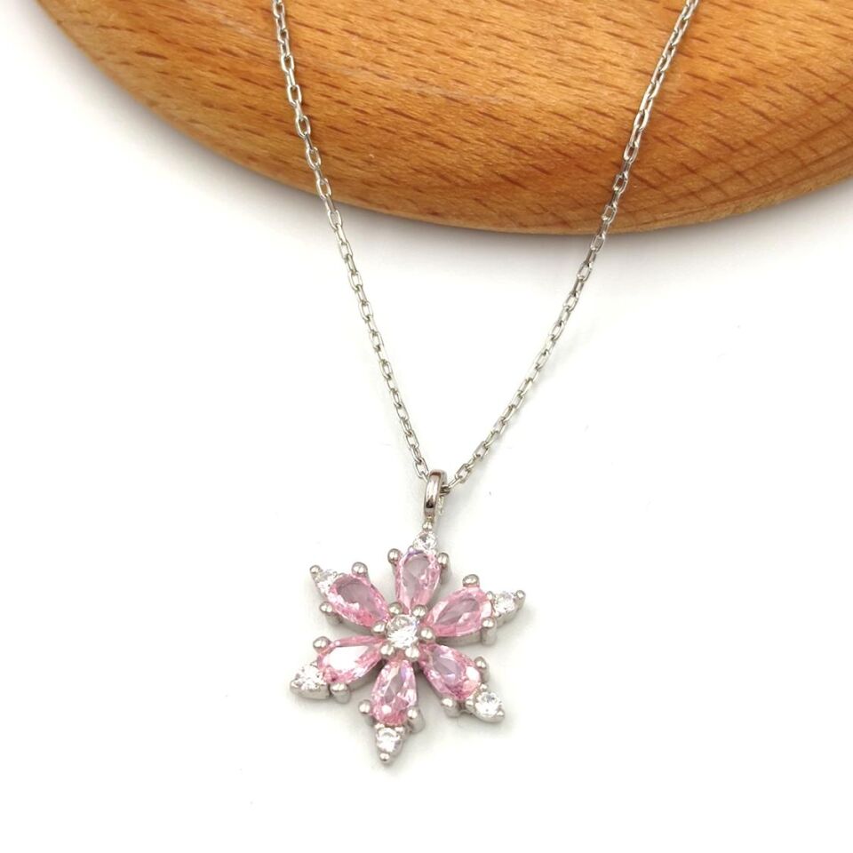 PEMBE TAŞLI LOTUS GÜMÜŞ KOLYE