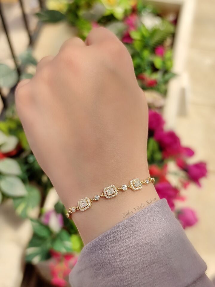 MİNİ PIRLANTA MONTÜR BAGET GÜMÜŞ BİLEKLİK ALTIN SARI - STD