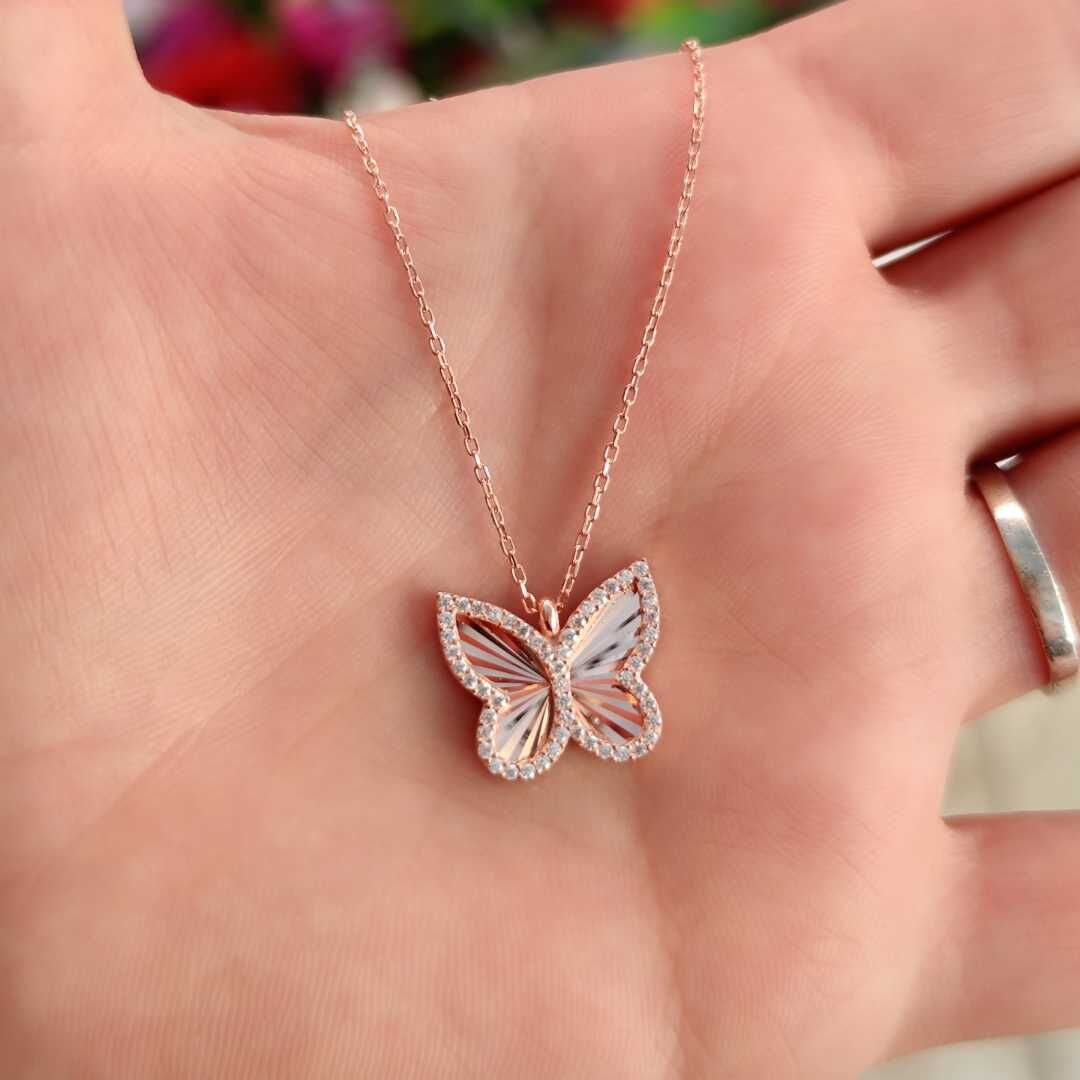 LAZER KALEMLİ KELEBEK GÜMÜŞ KOLYE ROSE BAKIR - STD