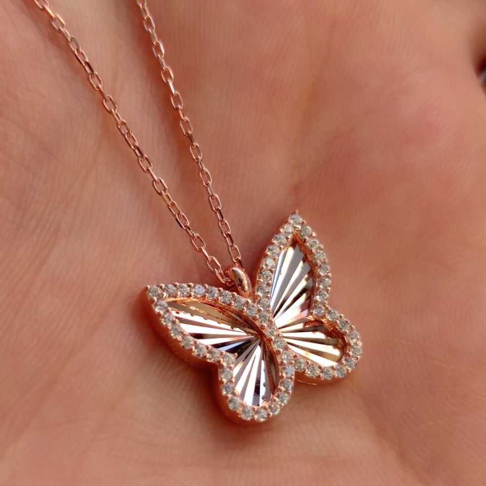 LAZER KALEMLİ KELEBEK GÜMÜŞ KOLYE ROSE BAKIR - STD