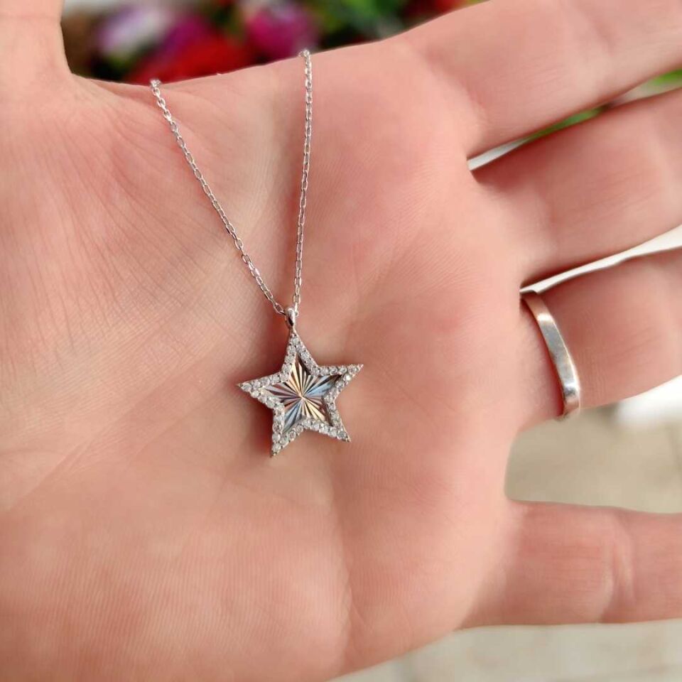 LAZER KALEMLİ YILDIZ GÜMÜŞ KOLYE STD - RODYUM BEYAZ