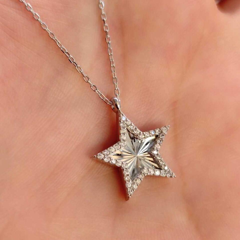 LAZER KALEMLİ YILDIZ GÜMÜŞ KOLYE STD - RODYUM BEYAZ