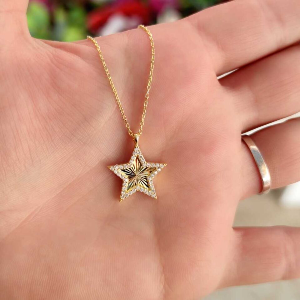 LAZER KALEMLİ YILDIZ GÜMÜŞ KOLYE ALTIN SARI - STD