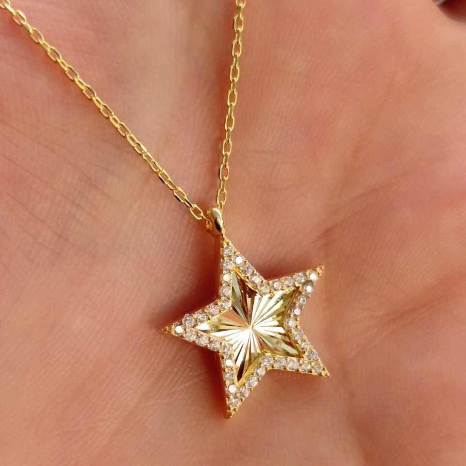 LAZER KALEMLİ YILDIZ GÜMÜŞ KOLYE ALTIN SARI - STD