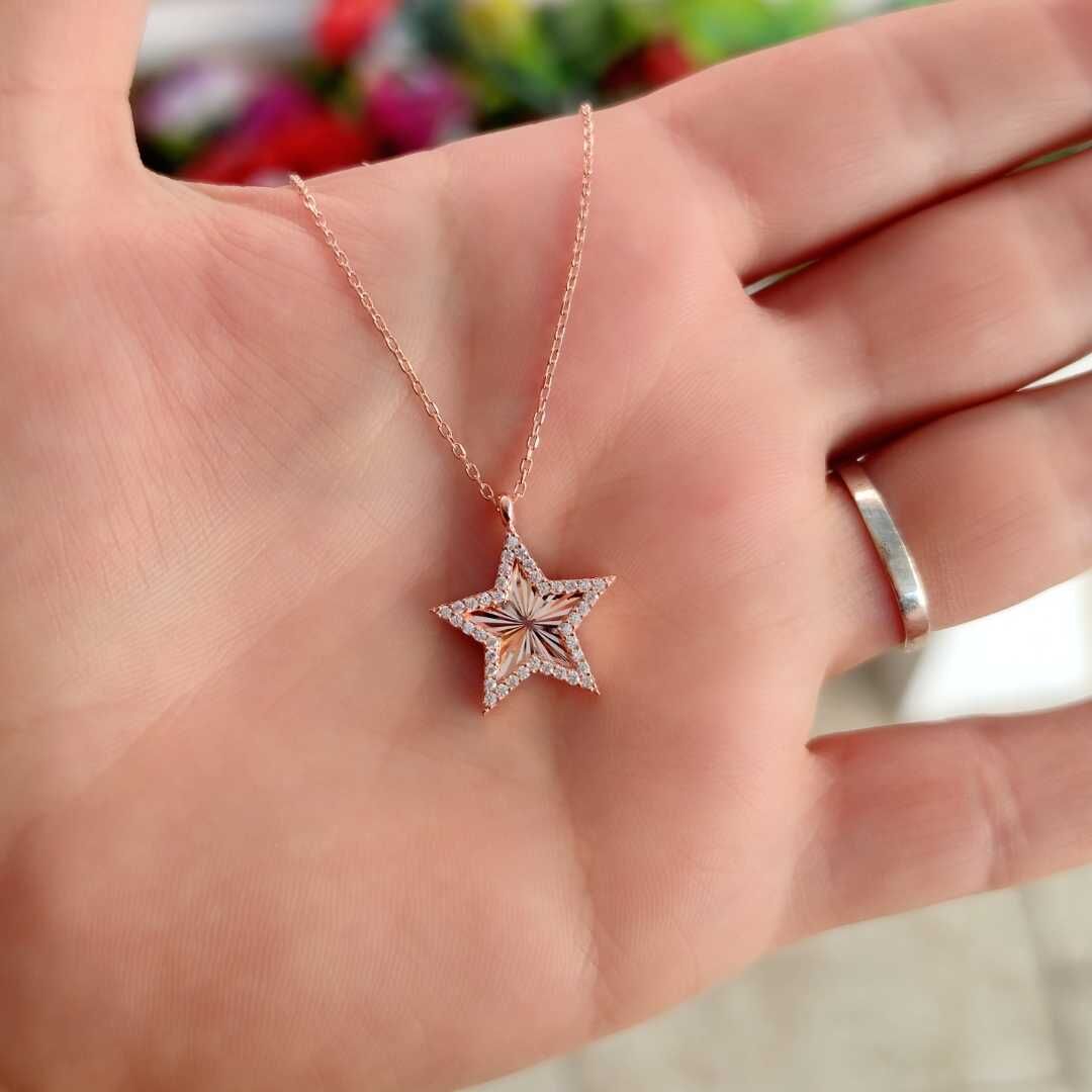 LAZER KALEMLİ YILDIZ GÜMÜŞ KOLYE ROSE BAKIR - STD