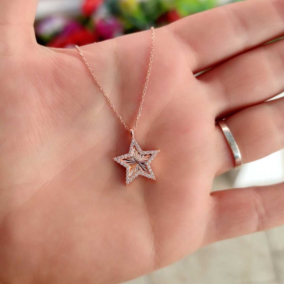LAZER KALEMLİ YILDIZ GÜMÜŞ KOLYE ROSE BAKIR - STD