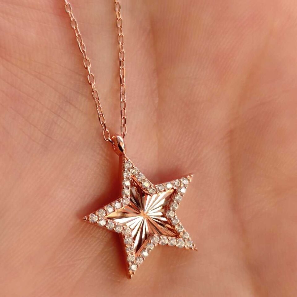 LAZER KALEMLİ YILDIZ GÜMÜŞ KOLYE ROSE BAKIR - STD