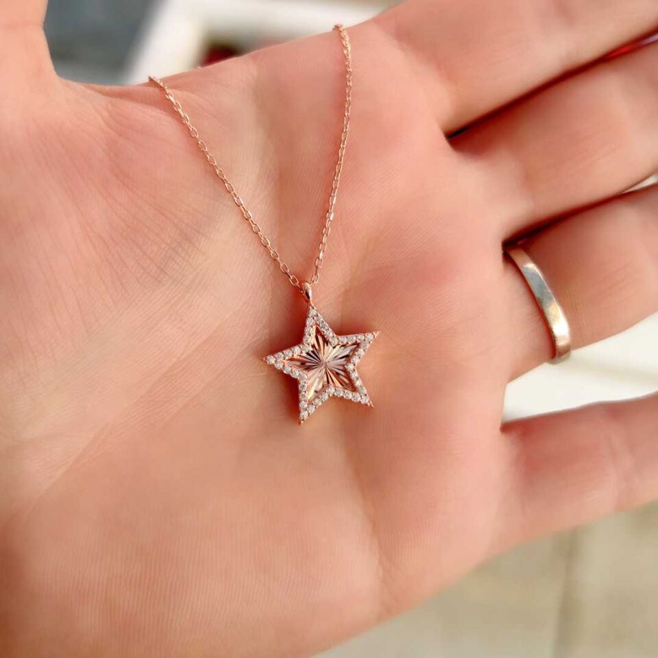 LAZER KALEMLİ YILDIZ GÜMÜŞ KOLYE ROSE BAKIR - STD