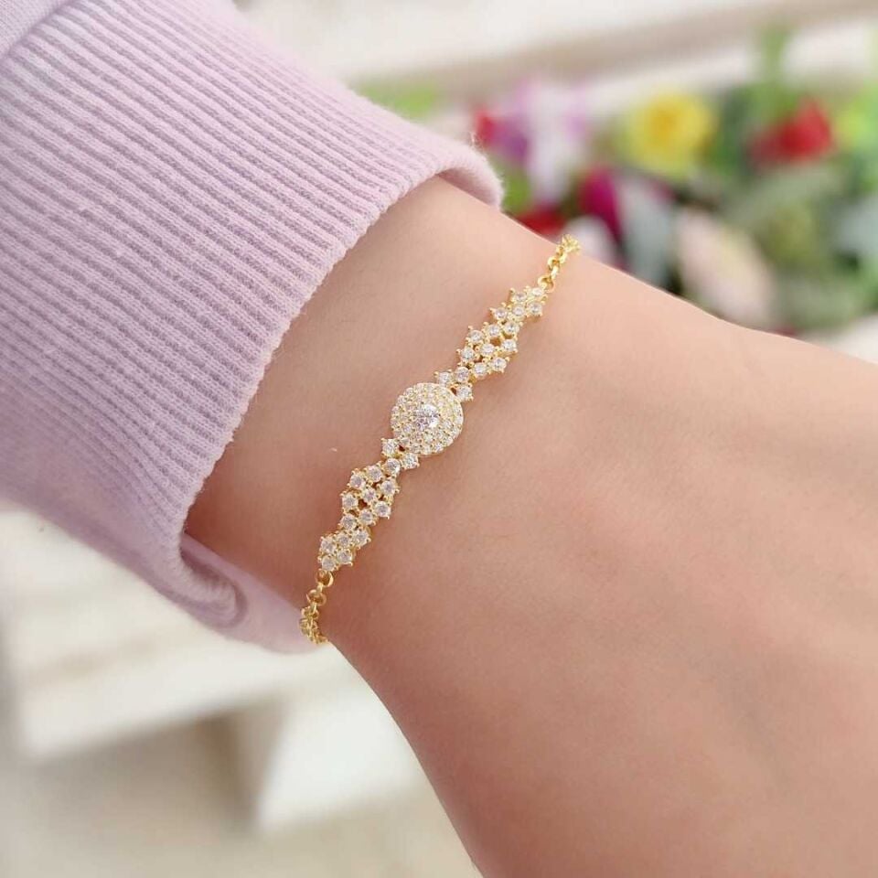 ZİRKON TAŞLI ZARİF GÜMÜŞ BİLEKLİK ALTIN SARI - STD