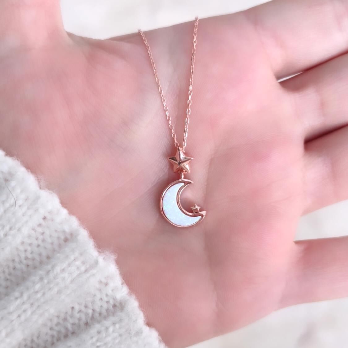 BEYAZ OPAL AY YILDIZ GÜMÜŞ KOLYE ROSE BAKIR - STD