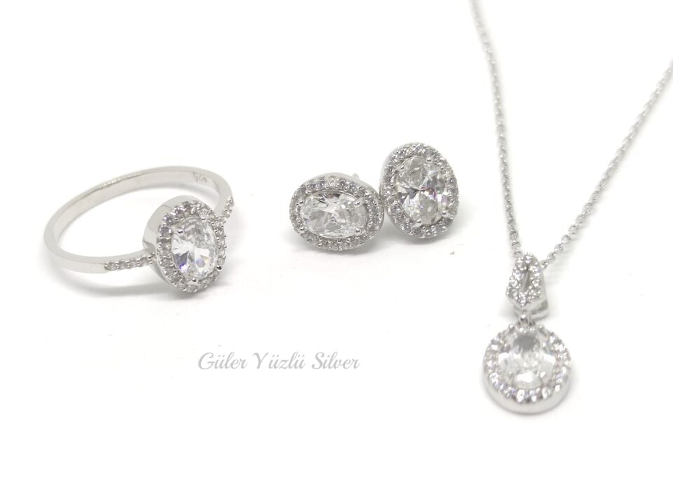 ZİRKON TAŞLI OVAL ÜÇLÜ GÜMÜŞ SET - 18 numara