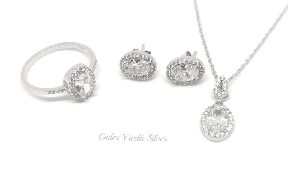 ZİRKON TAŞLI OVAL ÜÇLÜ GÜMÜŞ SET - 18 numara