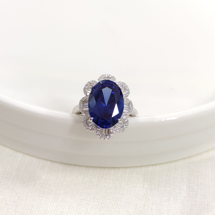 İTHAL OVAL BAGET ÇİÇEK SAFİR ZİRKON GÜMÜŞ YÜZÜK