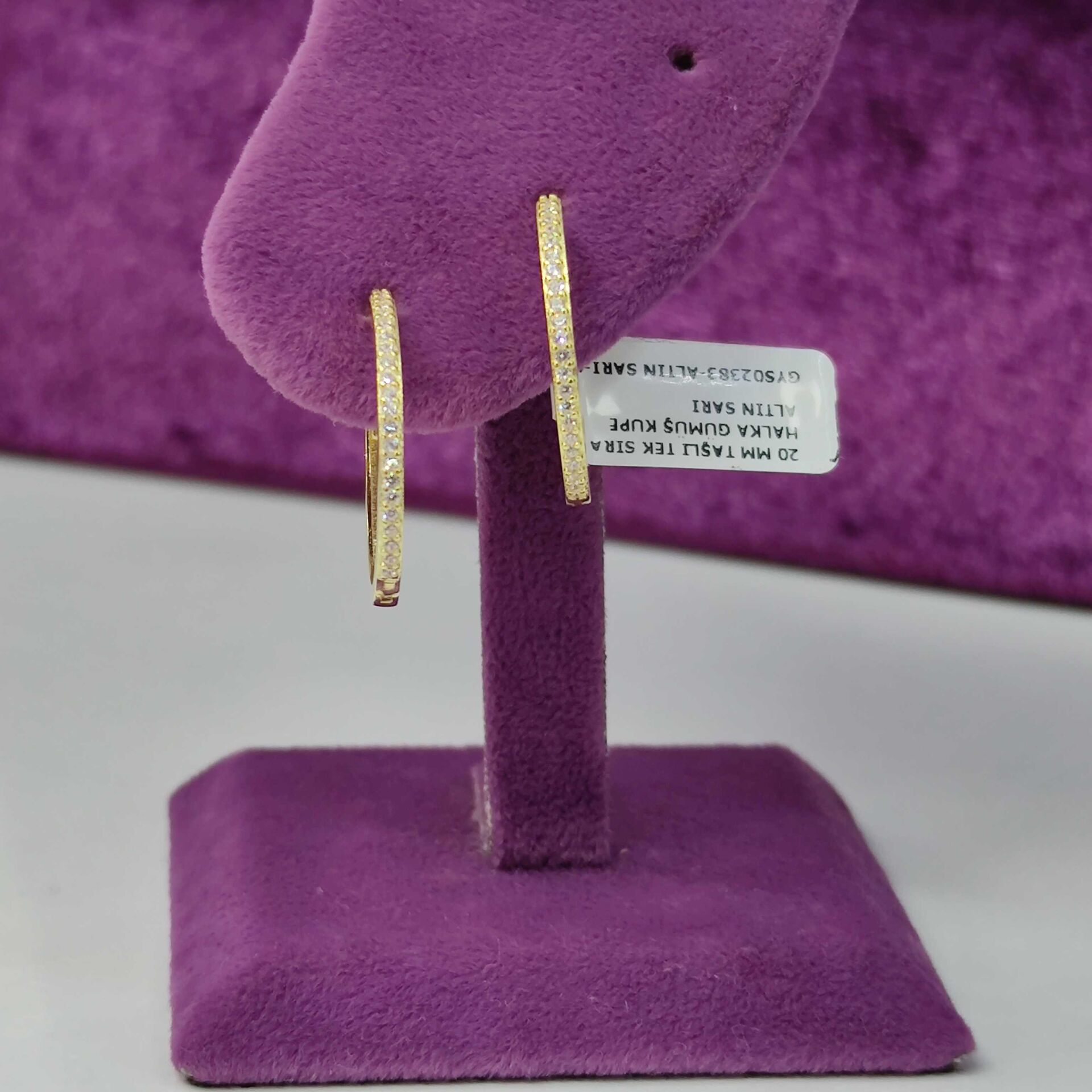 20 MM TAŞLI TEK SIRA HALKA GÜMÜŞ KÜPE ALTIN SARI - STD