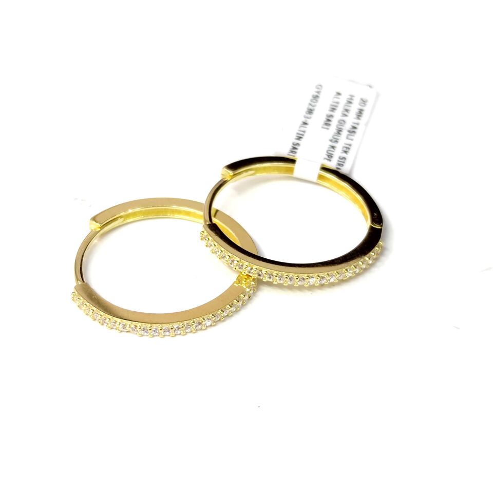 20 MM TAŞLI TEK SIRA HALKA GÜMÜŞ KÜPE ALTIN SARI - STD