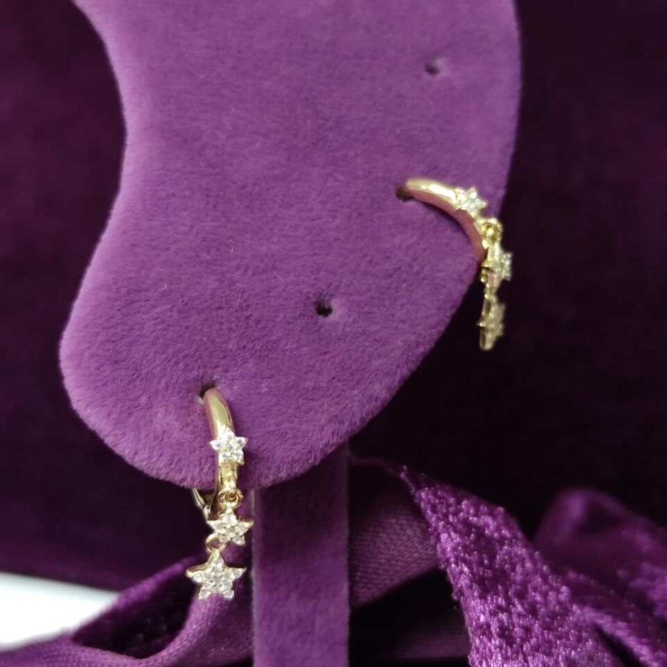 YILDIZ DETAYLI SALLANTILI HALKA GÜMÜŞ KÜPE ALTIN SARI - STD