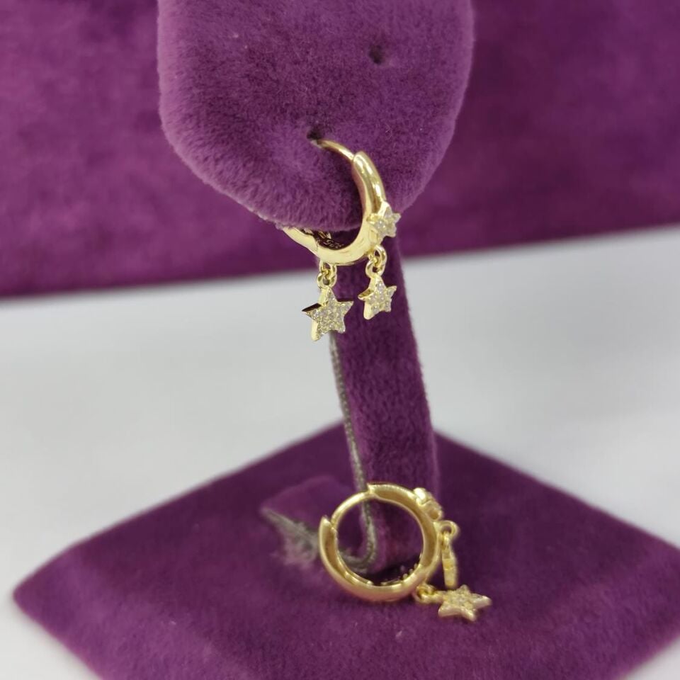 YILDIZ DETAYLI SALLANTILI HALKA GÜMÜŞ KÜPE ALTIN SARI - STD