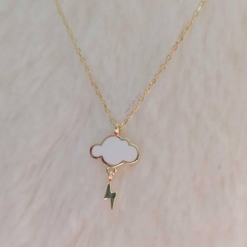 BEYAZ MİNELİ ŞİMŞEK BULUT GÜMÜŞ KOLYE ALTIN SARI - STD