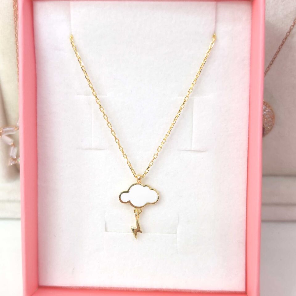 BEYAZ MİNELİ ŞİMŞEK BULUT GÜMÜŞ KOLYE ALTIN SARI - STD