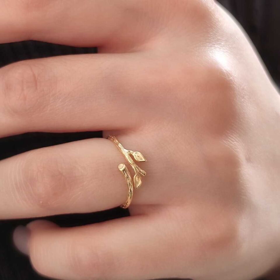 DAL YAPRAK GÜMÜŞ YÜZÜK ALTIN SARI - STD