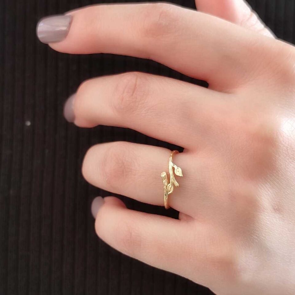 DAL YAPRAK GÜMÜŞ YÜZÜK ALTIN SARI - STD