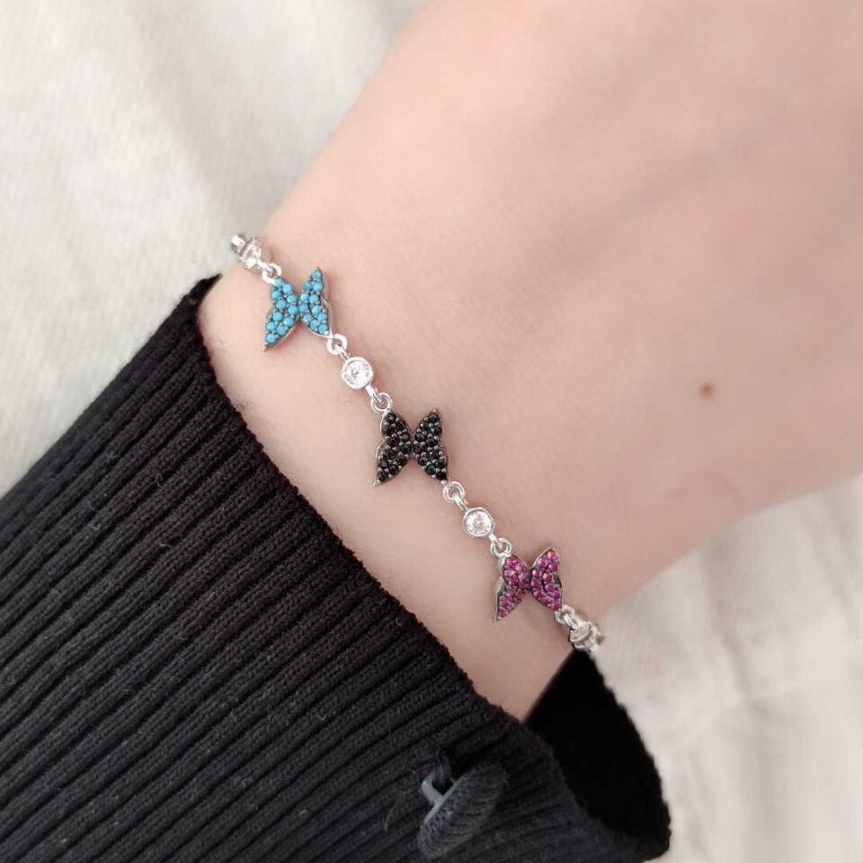 3 RENKLİ TAŞLI KELEBEK GÜMÜŞ BİLEKLİK RODYUM BEYAZ - STD