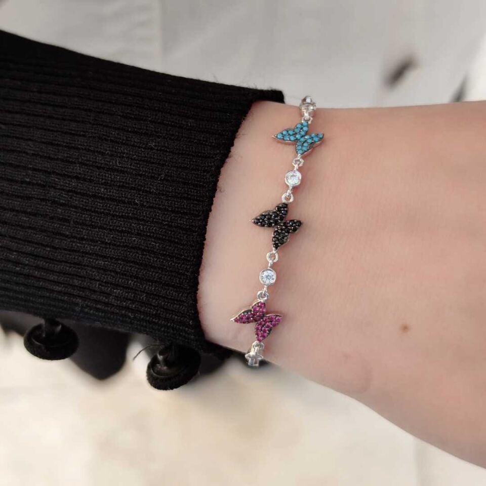 3 RENKLİ TAŞLI KELEBEK GÜMÜŞ BİLEKLİK RODYUM BEYAZ - STD