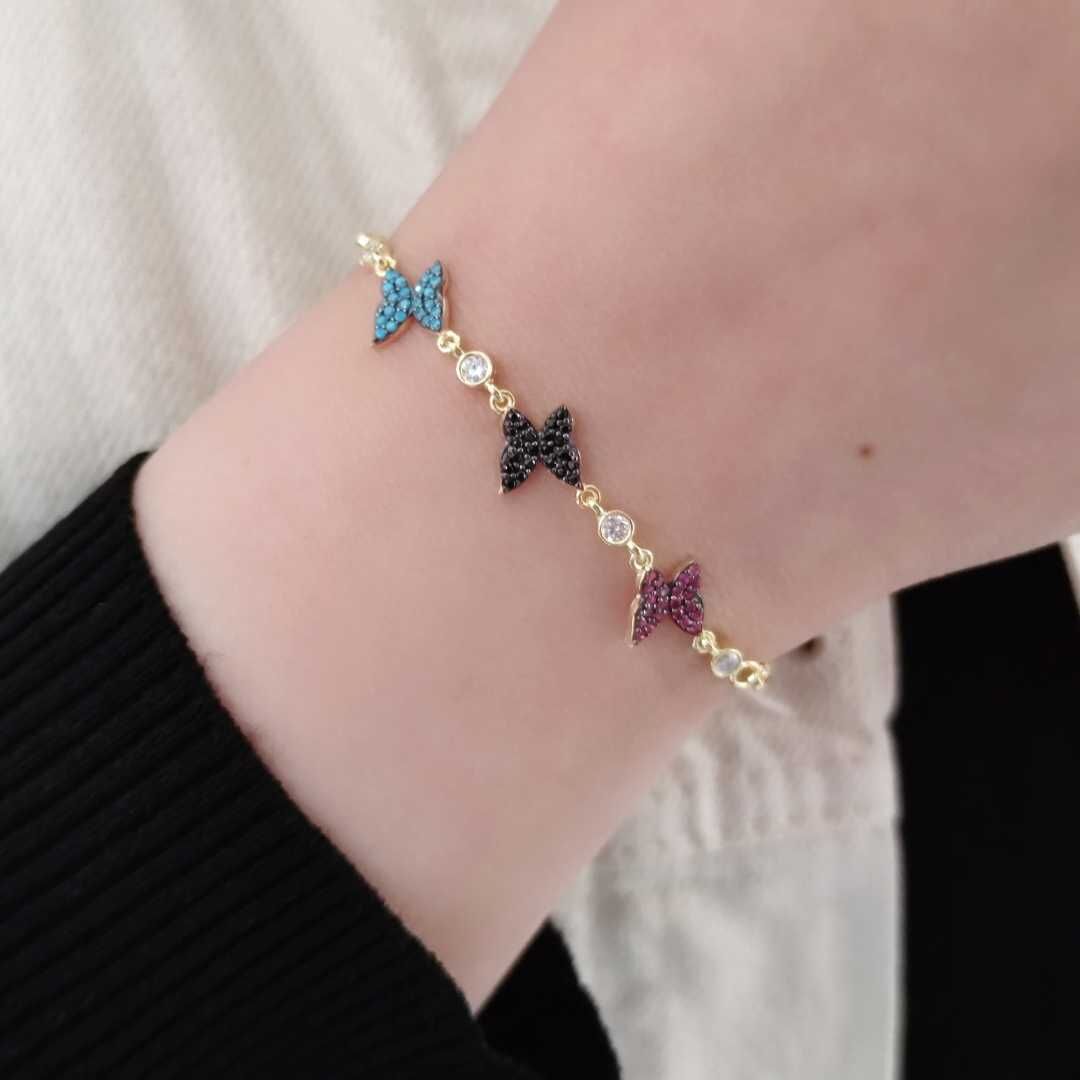 3 RENKLİ TAŞLI KELEBEK GÜMÜŞ BİLEKLİK ALTIN SARI - STD