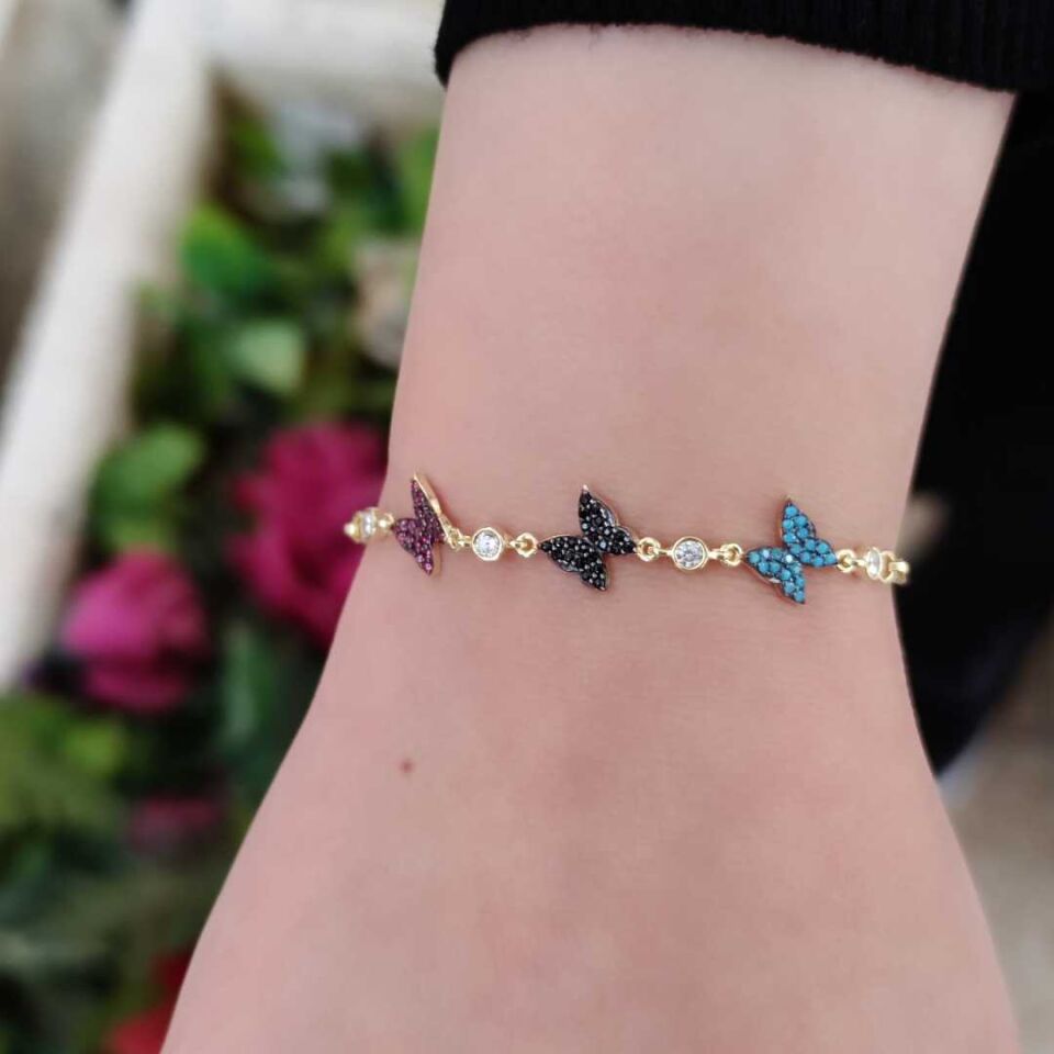 3 RENKLİ TAŞLI KELEBEK GÜMÜŞ BİLEKLİK ALTIN SARI - STD