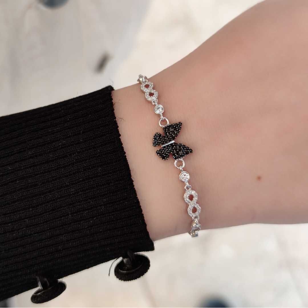 SİYAH TAŞLI KELEBEK GÜMÜŞ BİLEKLİK RODYUM BEYAZ - STD