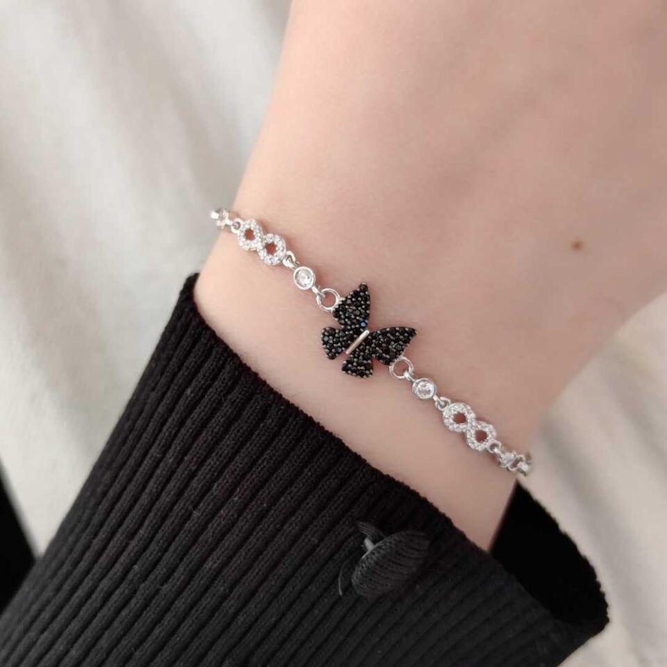 SİYAH TAŞLI KELEBEK GÜMÜŞ BİLEKLİK RODYUM BEYAZ - STD