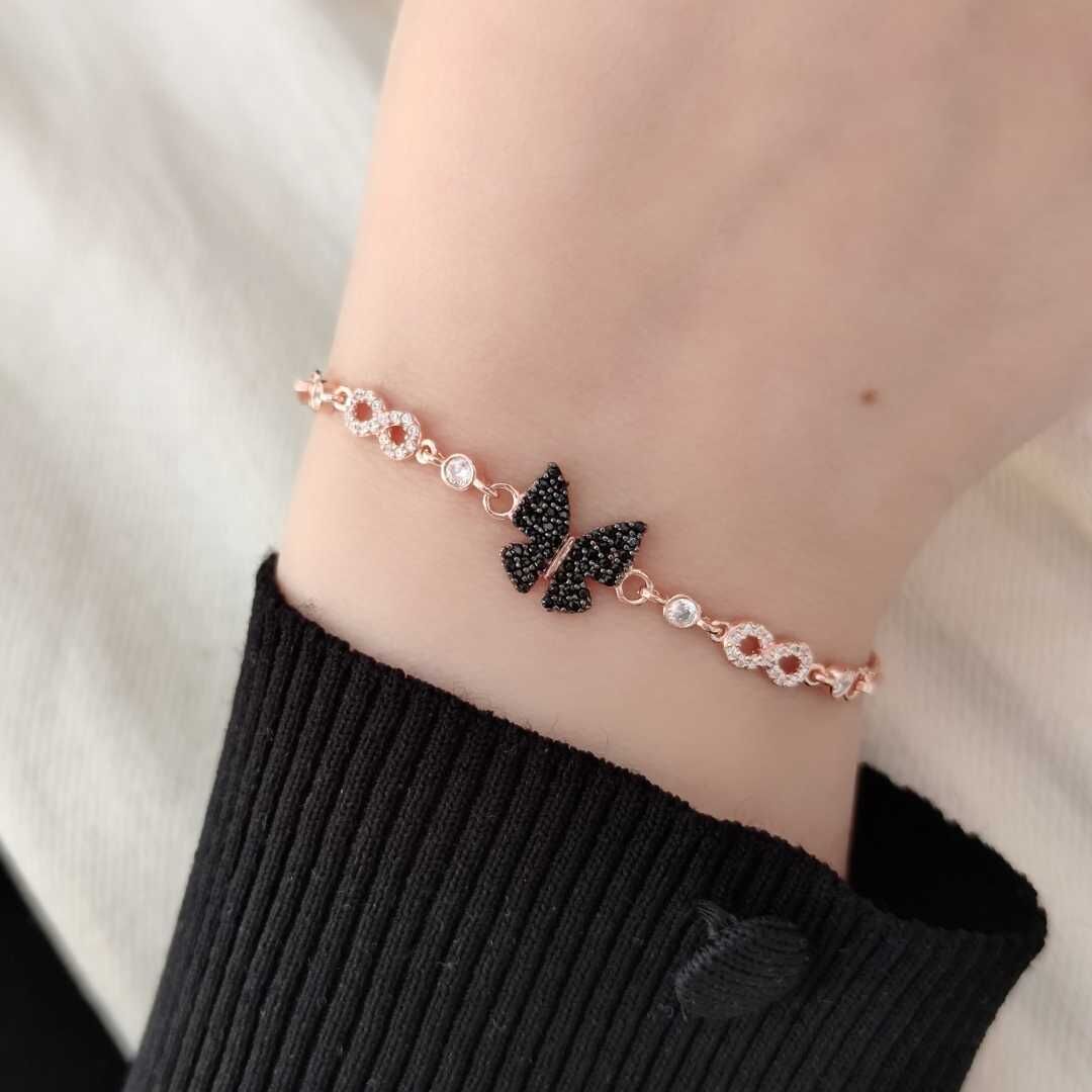 SİYAH TAŞLI KELEBEK GÜMÜŞ BİLEKLİK ROSE BAKIR - STD