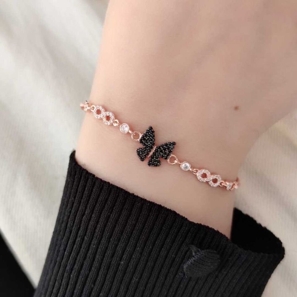 SİYAH TAŞLI KELEBEK GÜMÜŞ BİLEKLİK ROSE BAKIR - STD