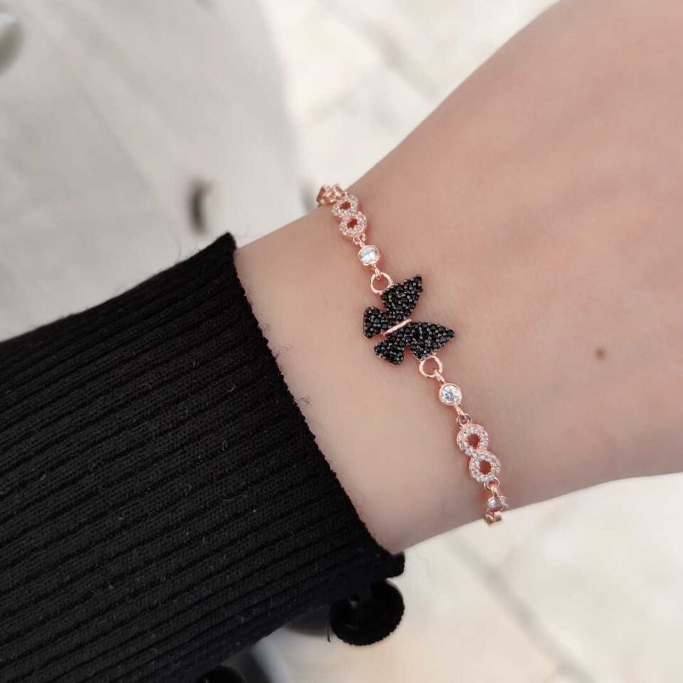 SİYAH TAŞLI KELEBEK GÜMÜŞ BİLEKLİK ROSE BAKIR - STD