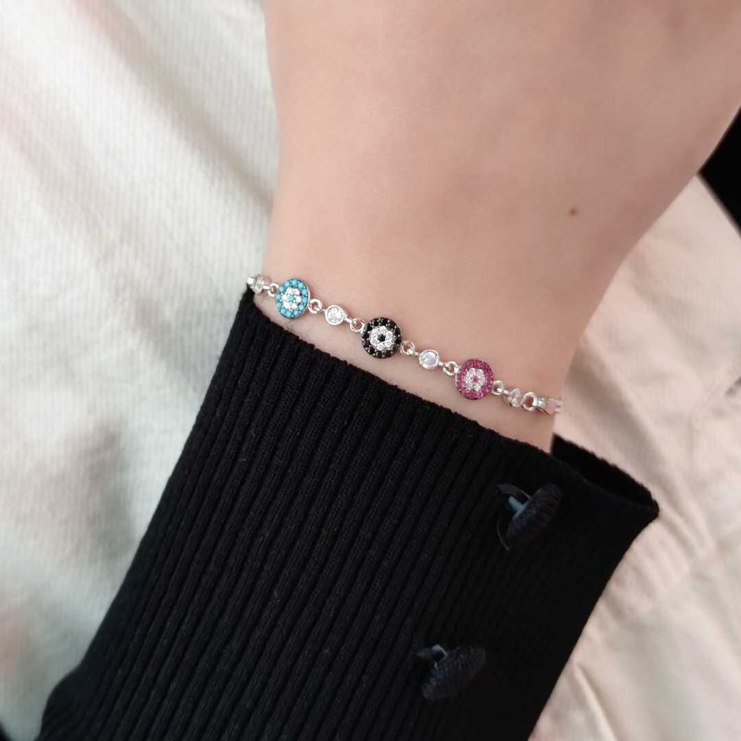 RENKLİ NAZAR BONCUĞU GÜMÜŞ BİLEKLİK RODYUM BEYAZ - STD