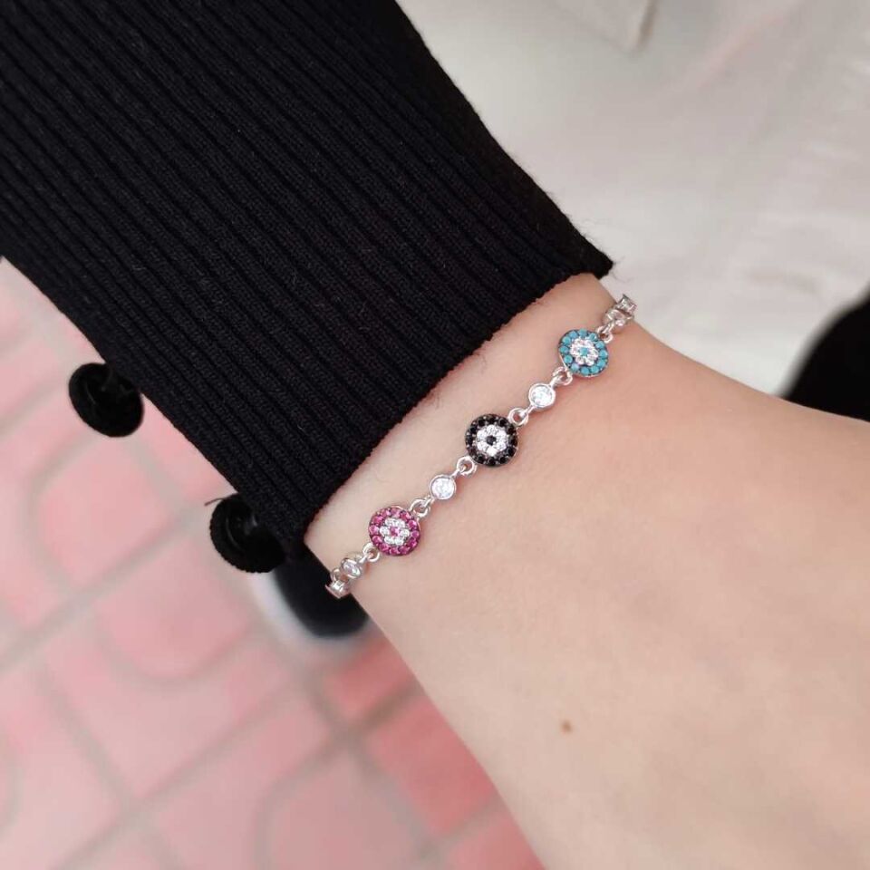 RENKLİ NAZAR BONCUĞU GÜMÜŞ BİLEKLİK RODYUM BEYAZ - STD