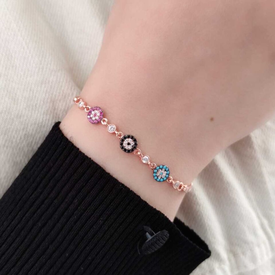 RENKLİ NAZAR BONCUĞU GÜMÜŞ BİLEKLİK ROSE BAKIR - STD