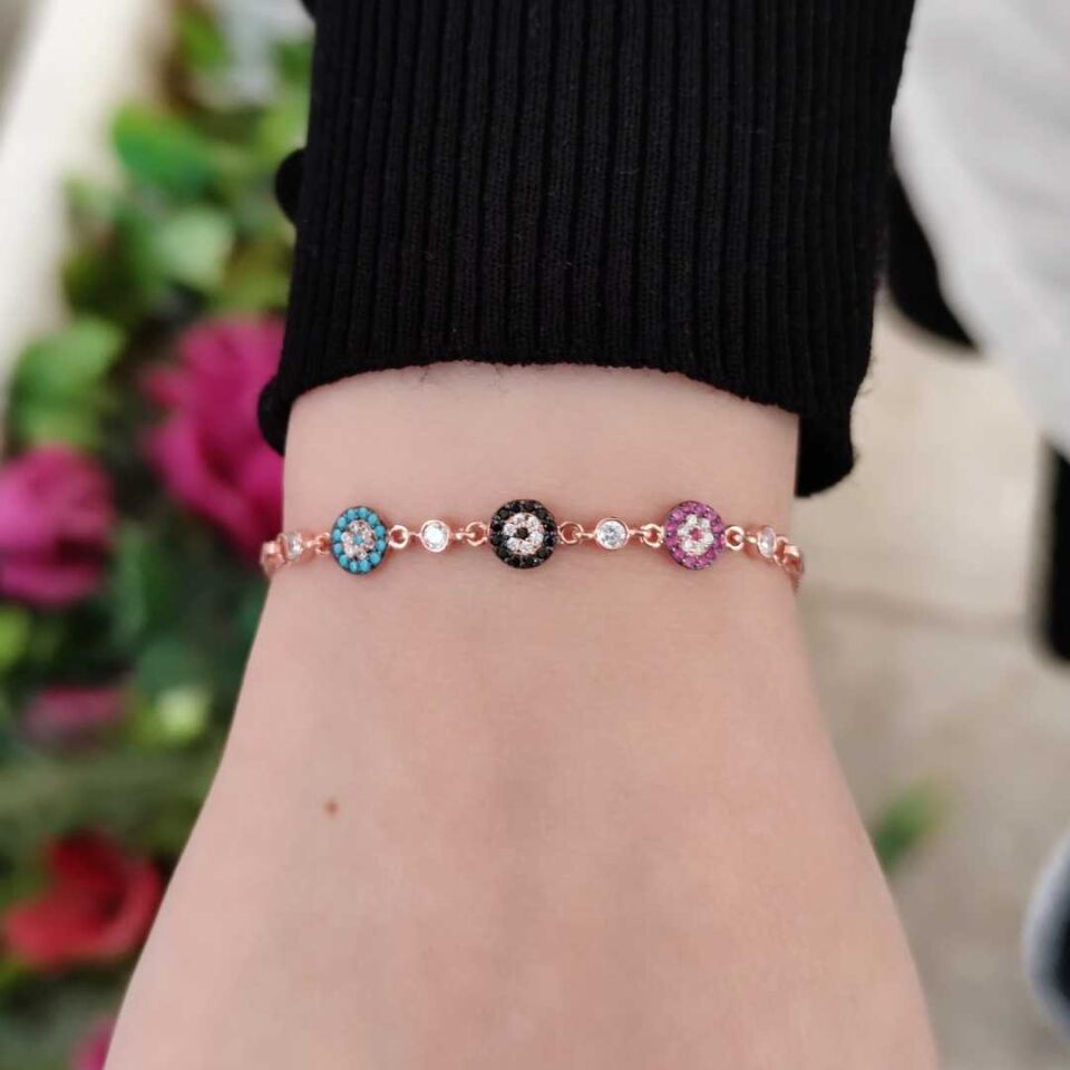 RENKLİ NAZAR BONCUĞU GÜMÜŞ BİLEKLİK ROSE BAKIR - STD