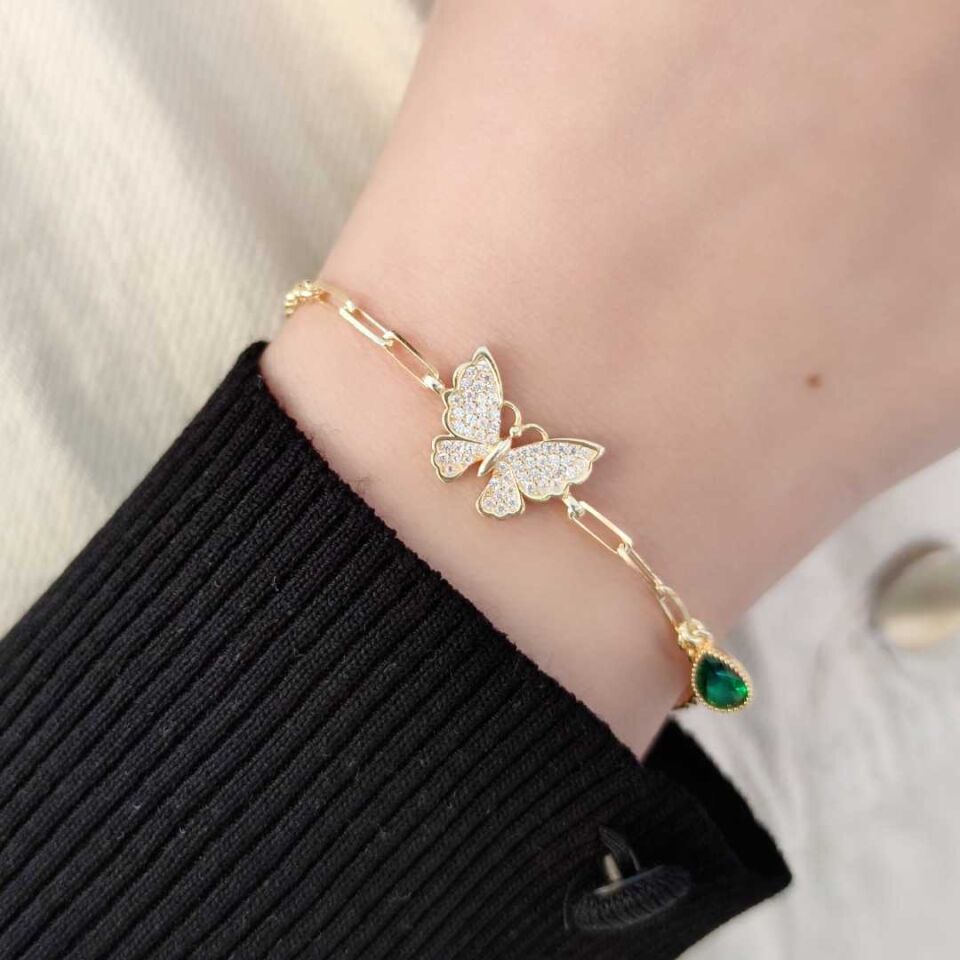 DAMLA DETAYLI KELEBEK GÜMÜŞ BİLEKLİK ALTIN SARI - STD