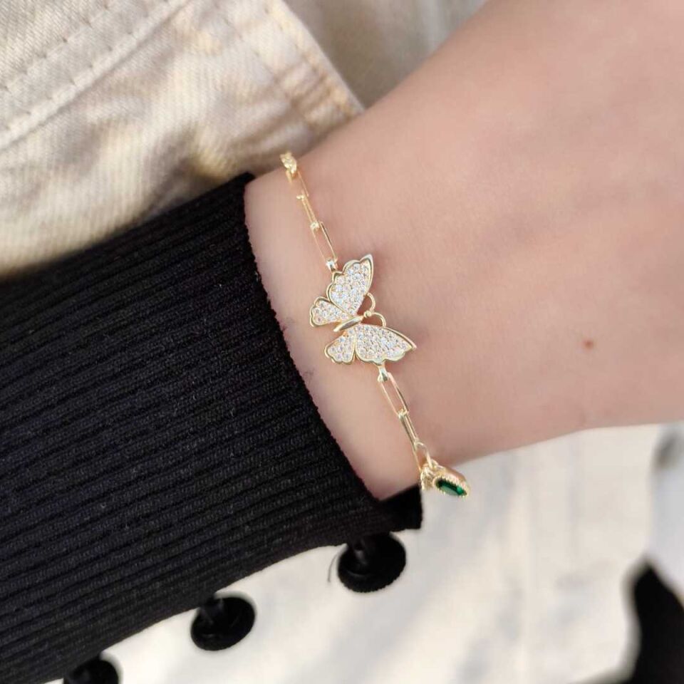 DAMLA DETAYLI KELEBEK GÜMÜŞ BİLEKLİK ALTIN SARI - STD