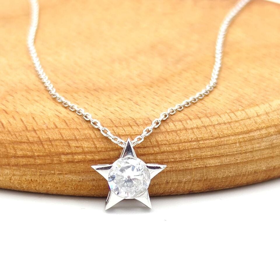 PIRLANTA MONTÜR MİNİ YILDIZ GÜMÜŞ KOLYE RODYUM BEYAZ - STD