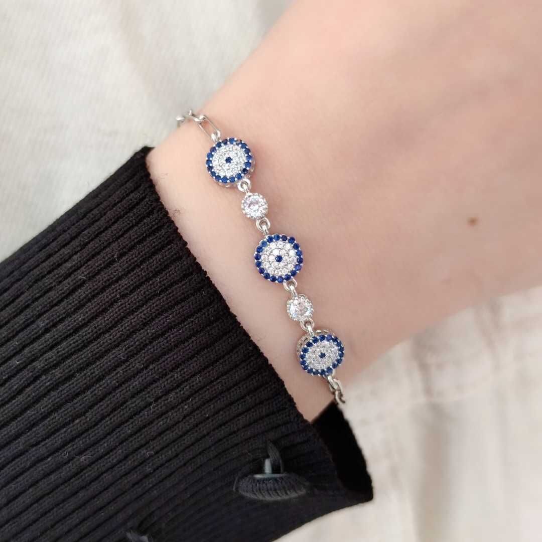 3 LÜ NAZAR BONCUK GÜMÜŞ BİLEKLİK RODYUM BEYAZ - STD