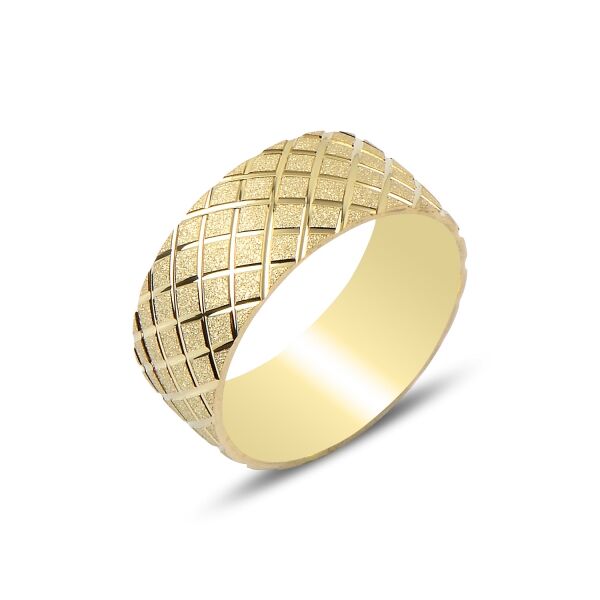 ALTIN KAPLAMA BAKLAVA DESENLİ GÜMÜŞ ALYANS ALTIN SARI - 18