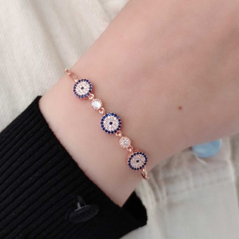 3 LÜ NAZAR BONCUK GÜMÜŞ BİLEKLİK ROSE BAKIR - STD