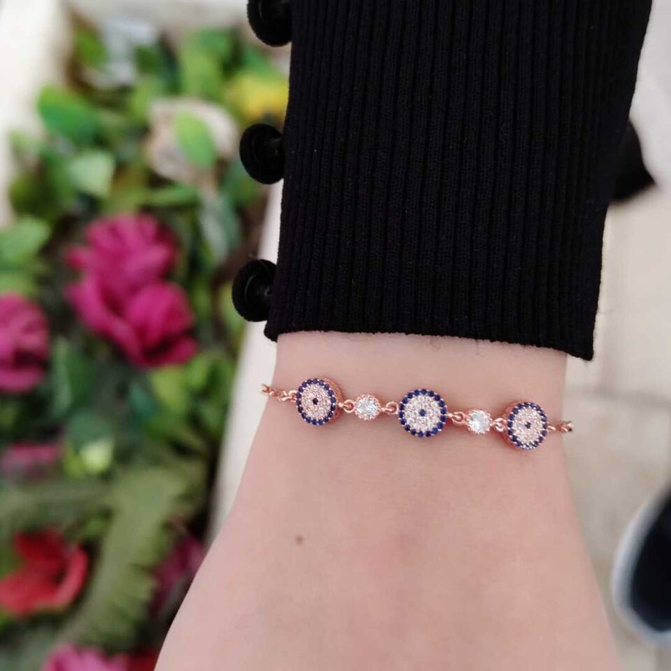 3 LÜ NAZAR BONCUK GÜMÜŞ BİLEKLİK ROSE BAKIR - STD